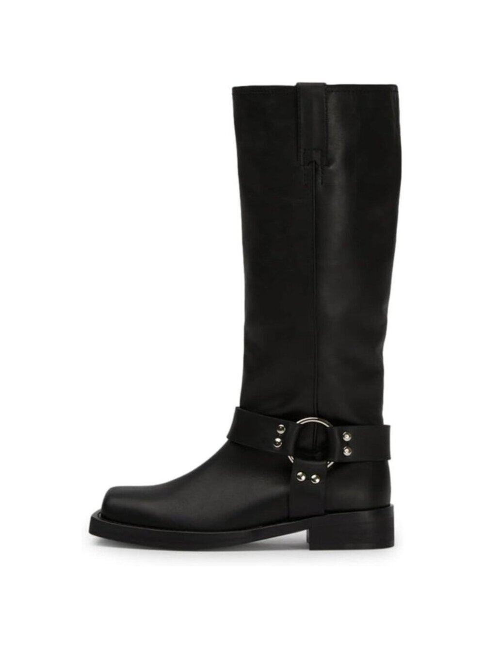 Caradise Women Black Knee High Square Toe Pull On Flat Motorcycle Comfort Boots